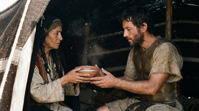 Biblical narrative: Jael offering a clay bowl of milk to the weary Canaanite warrior Sisera inside a dark tent