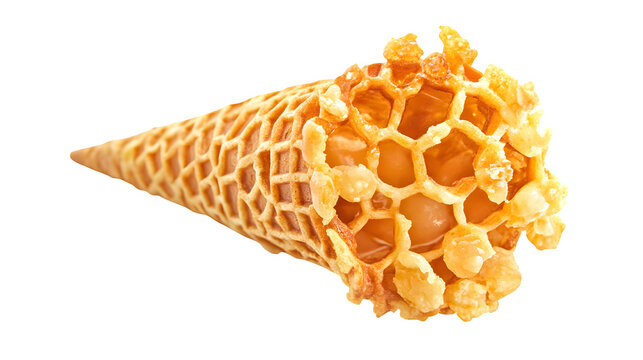 Crispy golden bubble waffle cone inspired by Asian street desserts, sweet snack concept, isolated on white background