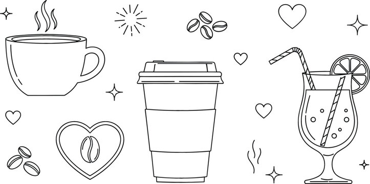 Coffee cup vector doodle set with takeaway paper mug hot tea glass cocktail lemon slice and bean heart