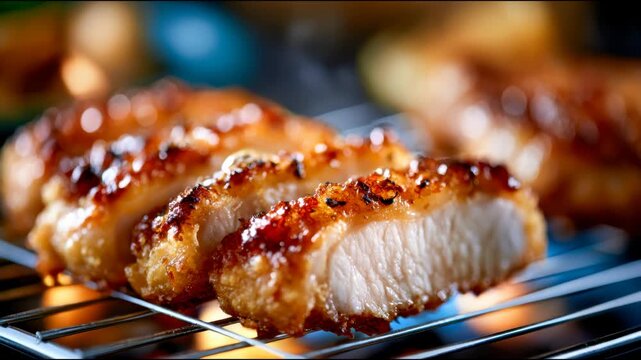Juicy crispy pork cutlet slices steaming on a grill rack, close-up food photography with golden crust and savory texture
