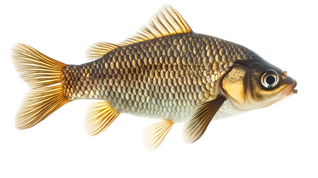 Detailed close-up of a freshwater fish with realistic scales and fins, wildlife aquatic subject, isolated on white background