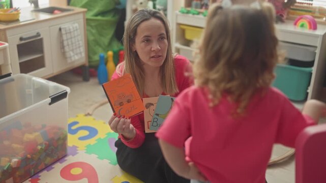 Woman holds colorful flashcards and shows vocabulary to little girl on foam number mat in playroom; early learning nurturing.