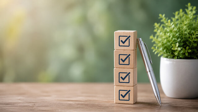 A business concept photo of a wooden block tower with checkmarks and a pen on a desk.