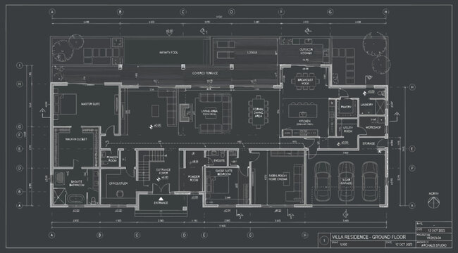 Detailed architectural floor plan of a luxury residence with garage and pool