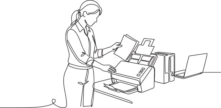 Continuous line drawing of a woman scanning documents in an office.