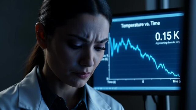 Female scientist analyzing cryogenic temperature data on monitor in dark laboratory.