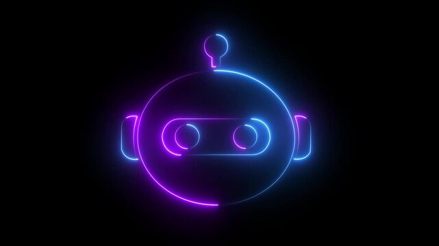 Neon robot head pulsing with blue and purple cyberpunk glow artificial intelligence