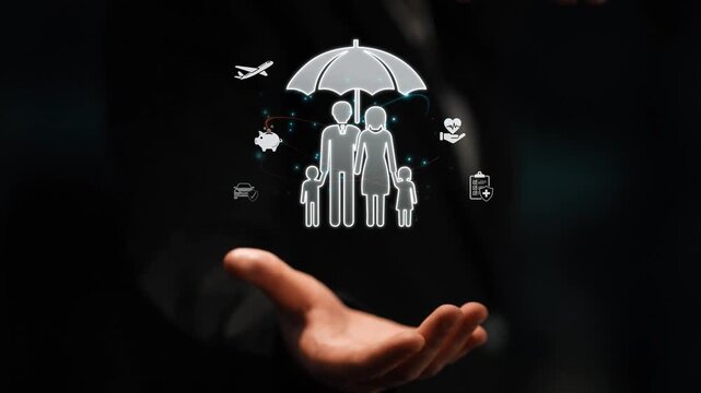 Family Protection Concept with Symbols of Insurance, Security, and Safety Under Umbrella, Abstract Illustration for Financial and Healthcare Uses Sigmoid