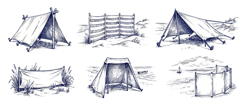 Beach windbreak tent sketch vector set of vintage wind screens and sun shelters drawn in engraving style on coastal sand dunes for seaside travel, retro nautical summer design elements.