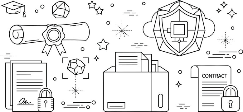 Document security vector doodle set with contract padlock shield diploma scroll graduation cap file box and cloud