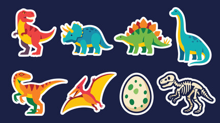 Colorful prehistoric dinosaur vector set featuring various species and a fossil skeleton design for children in a flat graphic style © Firdaus