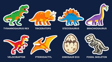 Colorful vector illustration set featuring various prehistoric dinosaurs and a fossil skeleton design for kids educational learning craft projects © Firdaus