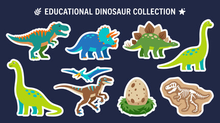 Colorful vector illustration featuring a diverse collection of educational dinosaur characters including a fossil skeleton and a spotted prehistoric egg © Firdaus