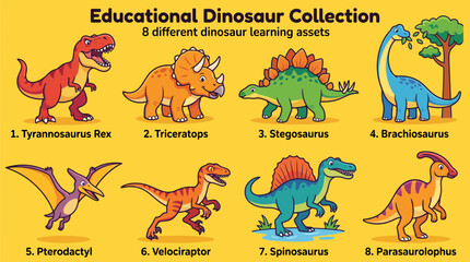 Educational vector illustration set featuring eight colorful prehistoric dinosaurs with distinct names for children to learn in a classroom setting © Firdaus