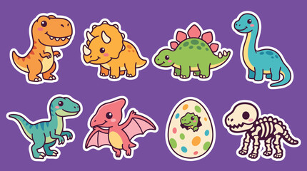 Colorful collection of cute dinosaur vector illustrations featuring various prehistoric creatures designed with a friendly style for kids sticker projects © Firdaus