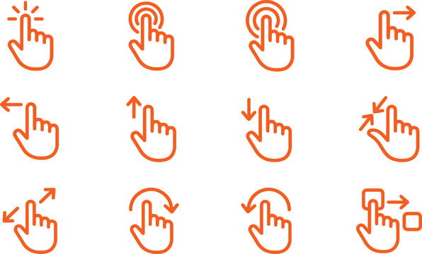 Set of hand gesture icons for touch screen devices, including tap, swipe, pinch, zoom, and rotate actions