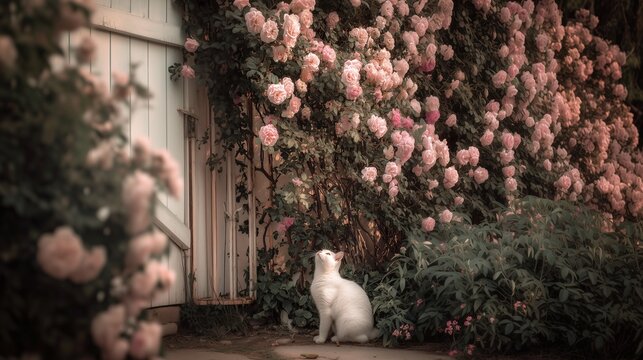 Horizontal shot of a fluffy white cat sitting by a wooden fence covered in climbing pink roses