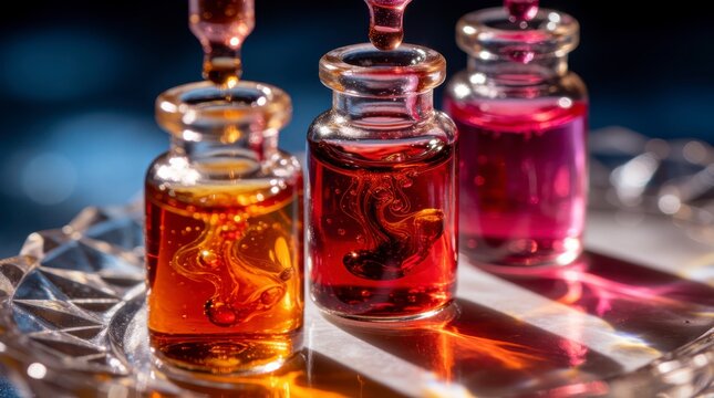 Close-up of Colorful Liquid in Glass Bottles with Droppers on a Decorative Plate Under Dramatic Lighting