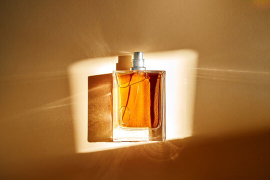 Biotech perfume bottle in warm natural light