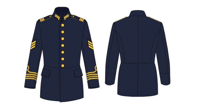 Professional Dark Blue Military Officer Ceremony Uniform Jacket with Gold Buttons and Rank Insignia Front and Back