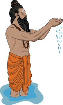 Vector Illustration of Indian Rishi Muni or ancient yogi standing in river and praying to God