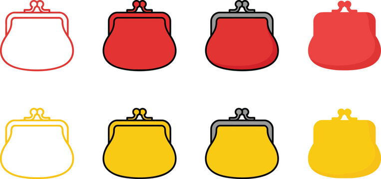 Set of coin purses in red and yellow colors, flat vector icons of vintage wallets with metal clasp