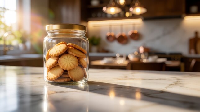 Glass jar filled with delicious cookies on a marble kitchen countertop with warm sunlight streaming in