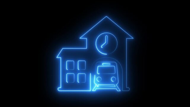 Glowing neon train station with clock animation for travel and transit concepts