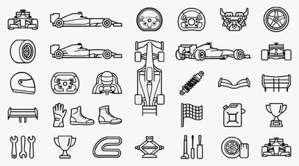 Naklejka premium Clean Icon Set for Racing and Automotive Mechanics with Detailed Components and Equipment with high professional line art symbols for modern creative design and digital branding projects