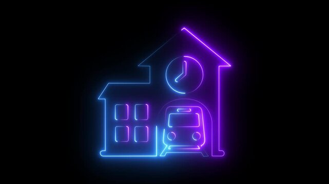 Neon train station animation with glowing clock and subway train symbol for urban transit and travel concepts