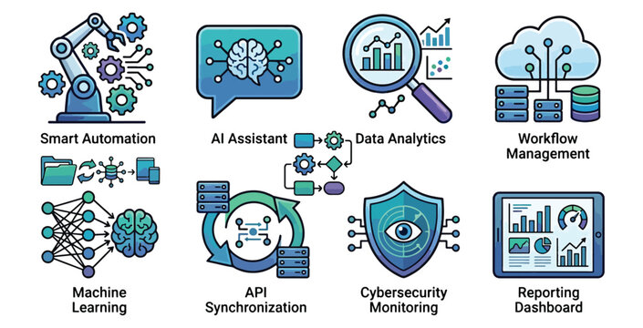 Modern professional technology icons set for artificial intelligence machine learning and analytics.