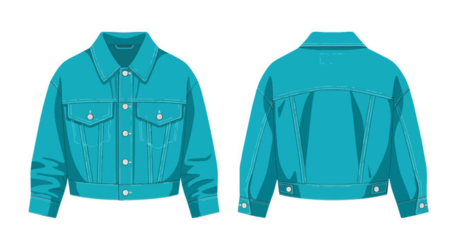 Professional turquoise blue denim jacket technical drawing showing front and back views for fashion design