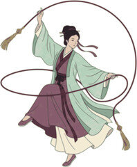 Fototapeta premium Title: Historical Tang Dynasty Chinese woman rope dance vector, Dunhuang flying apsaras illustration, traditional Asian dancer graphic.