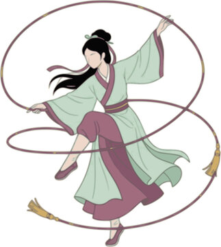 Title: Historical Tang Dynasty Chinese woman rope dance vector, Dunhuang flying apsaras illustration, traditional Asian dancer graphic.