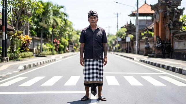Balinese Man Wearing Traditional Attire Standing on Zebra Crossing in Village Street
