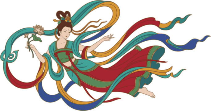 Title: Historical Tang Dynasty Chinese woman rope dance vector, Dunhuang flying apsaras illustration, traditional Asian dancer graphic.