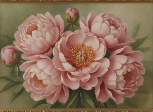 Beautiful bouquet of pink peonies with delicate petals and green leaves against a soft background