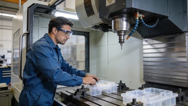 Technician manufacturing plastic parts with a CNC milling machine in a modern factory.