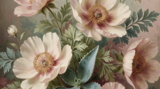 Delicate Pink Anemone Flowers with Green Foliage in a Soft Vintage Floral Arrangement
