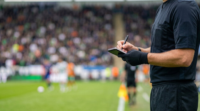 Soccer referee taking notes on the sideline during a football match