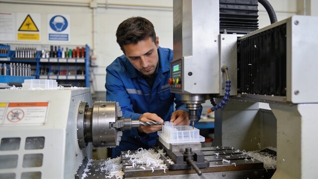 Skilled operator machining plastic components in a CNC milling center workshop.