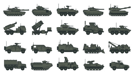 Collection of military transport and combat vehicle icons. © diki