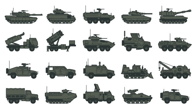 Collection of military transport and combat vehicle icons.