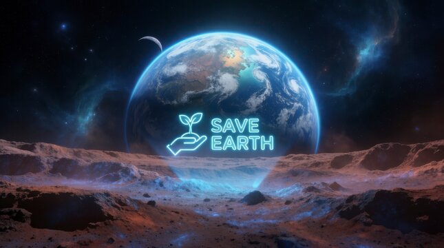 Futuristic Earth with 'Save Earth' Message and Plant Icon in Cosmic Landscape