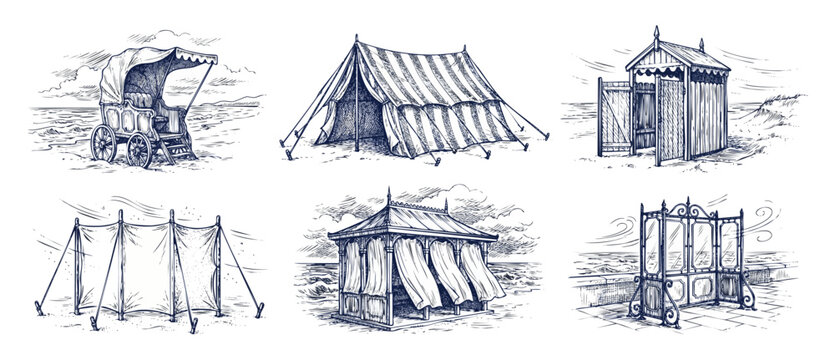 Vintage beach illustration set Victorian bathing machine cabins tents canvas windbreaks and historical retro seaside elements engraved sketch style on white background for nostalgia creative projects.