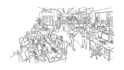 Obraz premium Black and white line drawing of busy office employees working at desks.