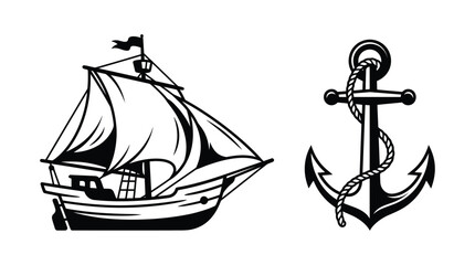 Sailing ship and anchor black silhouette on a white background © As