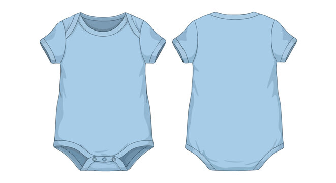 Light Blue Baby Onesie Bodysuit Mockup Front and Back View Technical Drawing for Infant Apparel Design