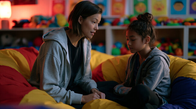 School counselor kneels beside a student curled in a beanbag chair in a softly lit calm-down room, both speaking quietly while fidget tools and illustrated emotion charts line low shelves behind the