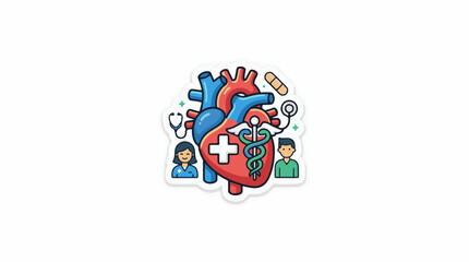 Fototapeta premium A colorful cartoon illustration of a human heart with a white cross and a snake wrapped around a staff, surrounded by a stethoscope, a nurse, a doctor, and a pill